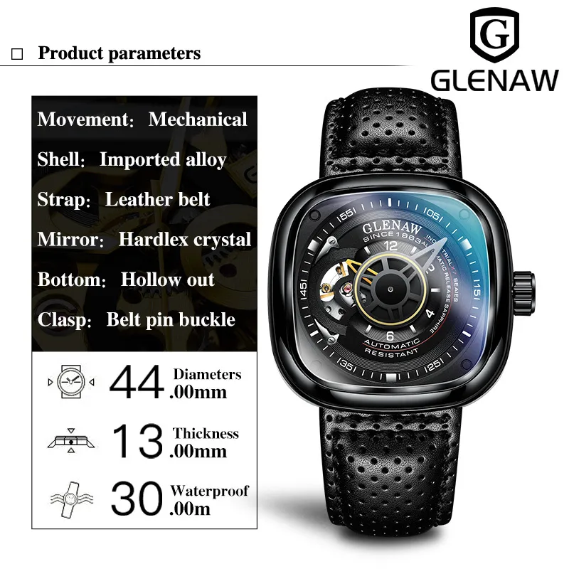 Glenaw design marca masculina oco automático preto relógio mecânico gmt marca superior reloj hombre relógios à prova dwaterproof água 210407239o