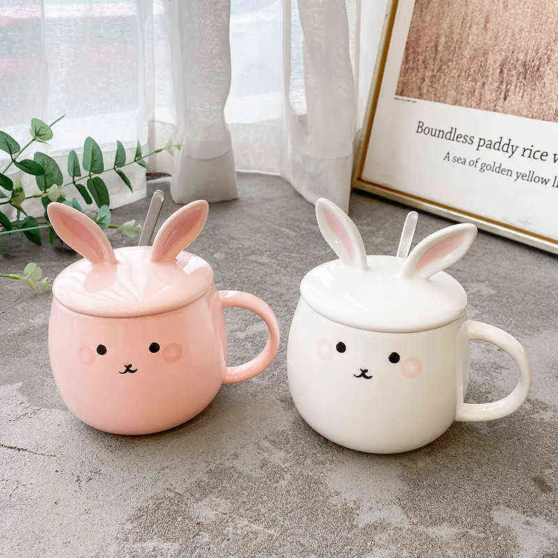 Cartoon Rabbit with Lid Spoon Ceramic Cup Coffee Breakfast Cup Mug Cute Student Couple Cup With Lid And Spoon G1126204N