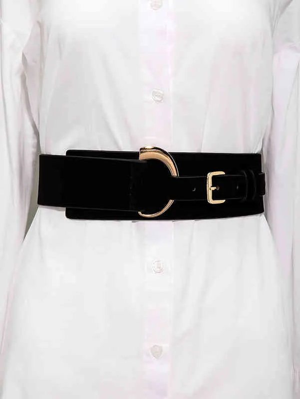 Замшиные женщины PU черные корсет ремни 2021 зима новая мода эластичная талия Cincher пояс с золотым сплавом d пряжка ремня талии G220301