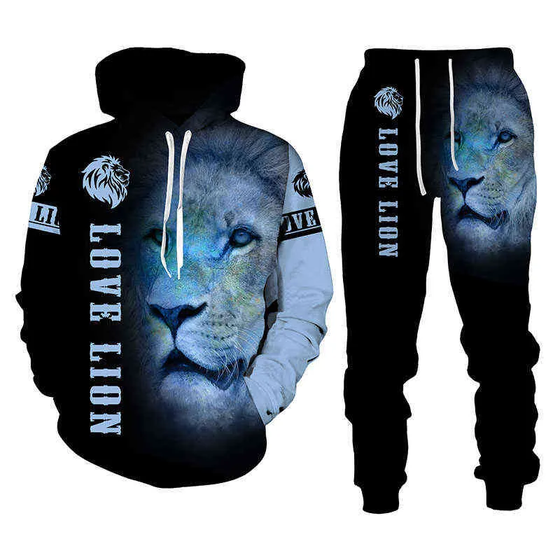 Il re leone autunno inverno 3D stampato maglione con cappuccio da uomo set abbigliamento sportivo da uomo tuta manica lunga abbigliamento da uomo vestito Y0831