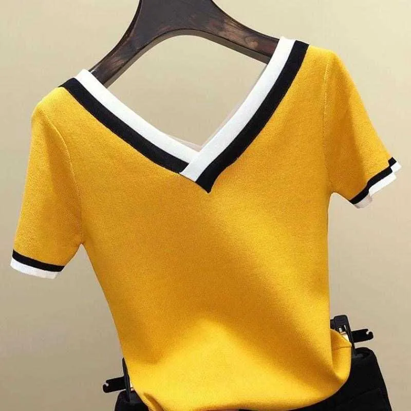 الخامس الرقبة قصيرة الأكمام قميص المرأة التباين اللون مخطط محبوك الصيف قمم قميص الكورية الملابس فام camisetas موهير 13362 210527