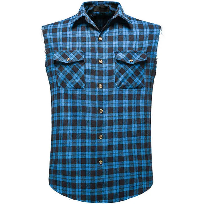 青い格子縞のシャツの男性の夏のブランドカジュアルなノースリーブメンズシャツ二重カウボーイポケットカミサス通気性の特大ベスト210524