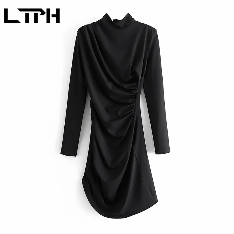 シンプルな折りのデザイン女性のドレスセクシーなスリム長袖ビンテージ固体不規則なエレガントなドレス秋210427