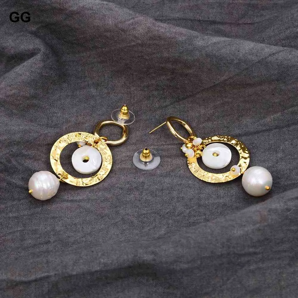 JK – boucles d'oreilles pendantes en forme de pièce de monnaie de riz blanc naturel, faites à la main, en perles de cristal plaquées or, cercle