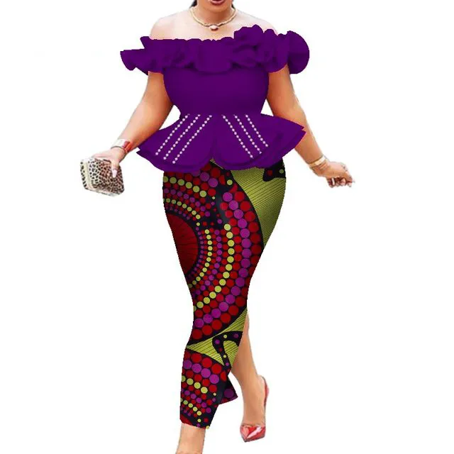 Bintarealwax Hight Quarlity Afryki Kobiety Dwa kawałek Dress Dashiki Bawełna Crop Top i Spódnica Ankara Odzież Odzież Afryka Dobry Szycie Garnitury Wy5793
