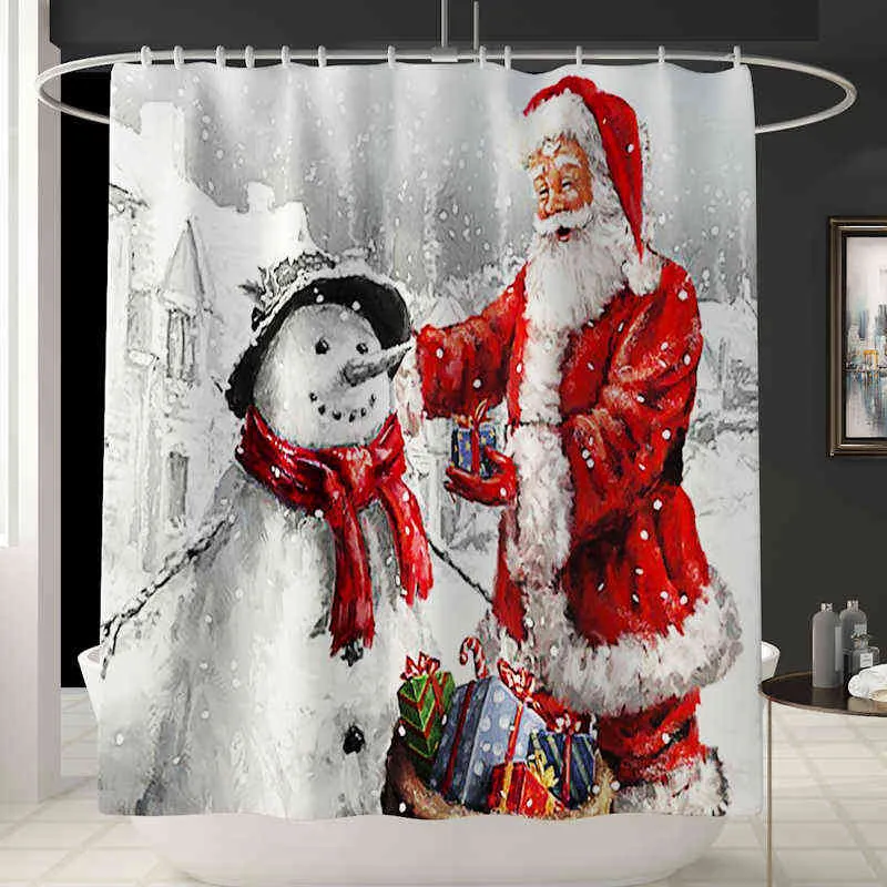 Boneco de neve Santa Claus Duche Curtain Set Non-Slip Banheiro Tapete Tapete Tapete Impermeável Tampa Toaleteira Esteira de Banho Festival de Natal Deco 211116