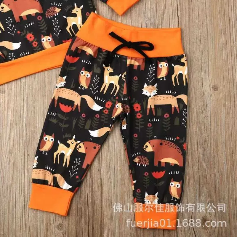 Autunno Pagliaccetti neonati Vestiti a maniche lunghe Stampa Cartoon Animal Pantaloni Costume bambini in stile Halloween 0-5T 210629