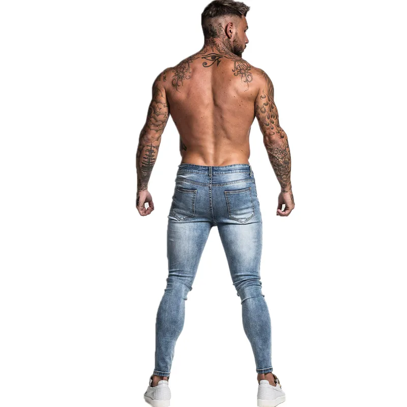 Jean Homme Hip Hop Skinny Stretch Jean Réparé Bleu Clair Distressed Super Skinny Slim Fit Coton Confortable