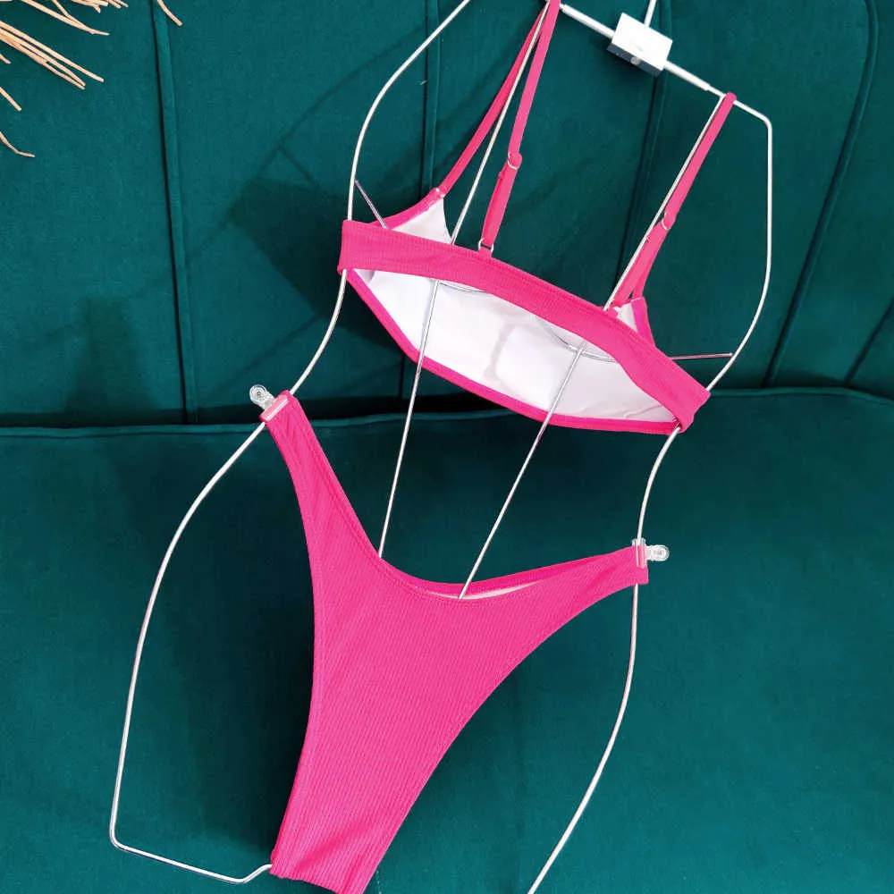 bikini a costine rosa neon bikini perizoma costume da bagno donna costume da bagno a vita alta reggiseno leopardato plus size string costumi da bagno 210625