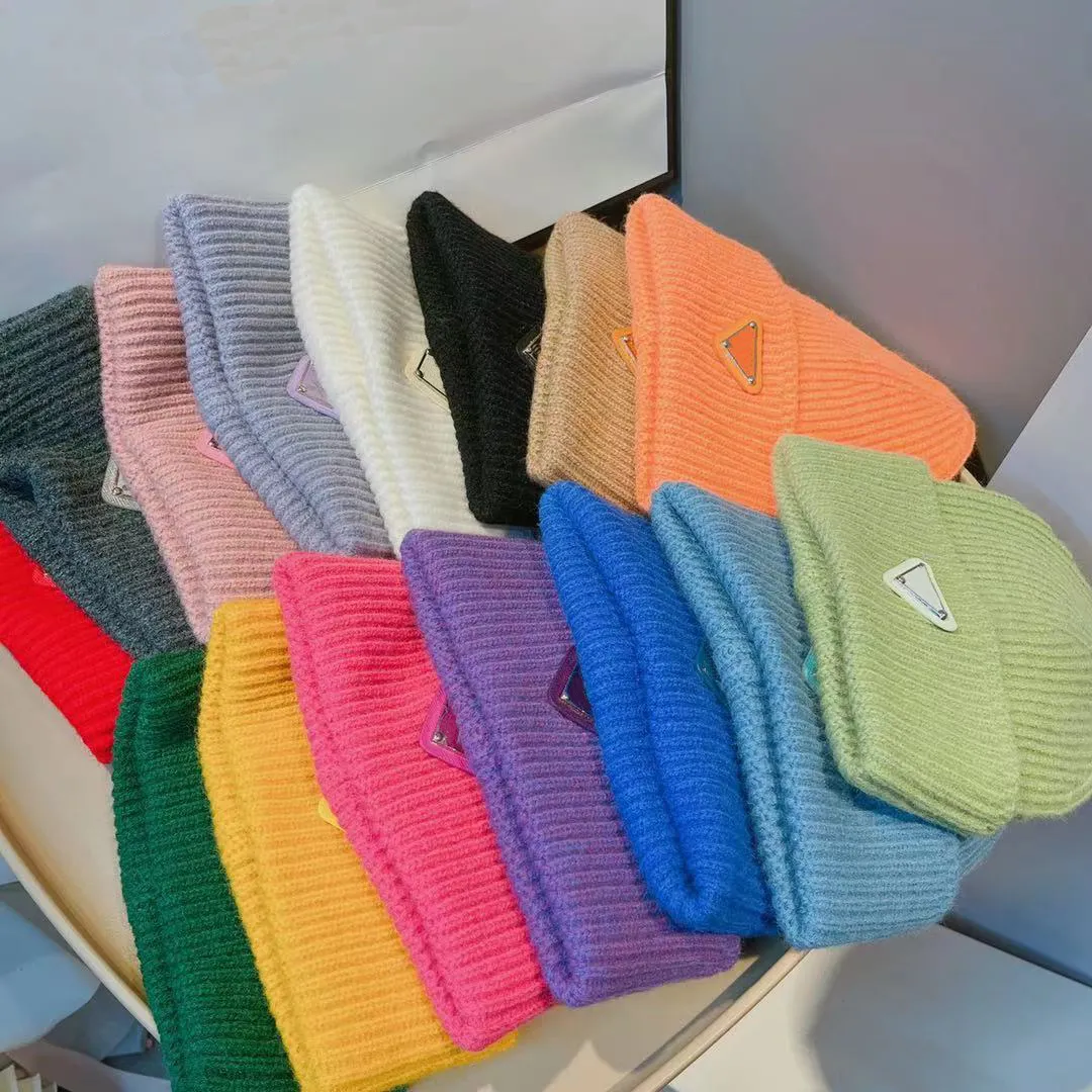 Bonnet tricoté pour femmes avec lettres triangulaires inversées, casquettes pour hommes, rue, hiver, chaud, peau de melon, couleur bonbon 16 C8540522