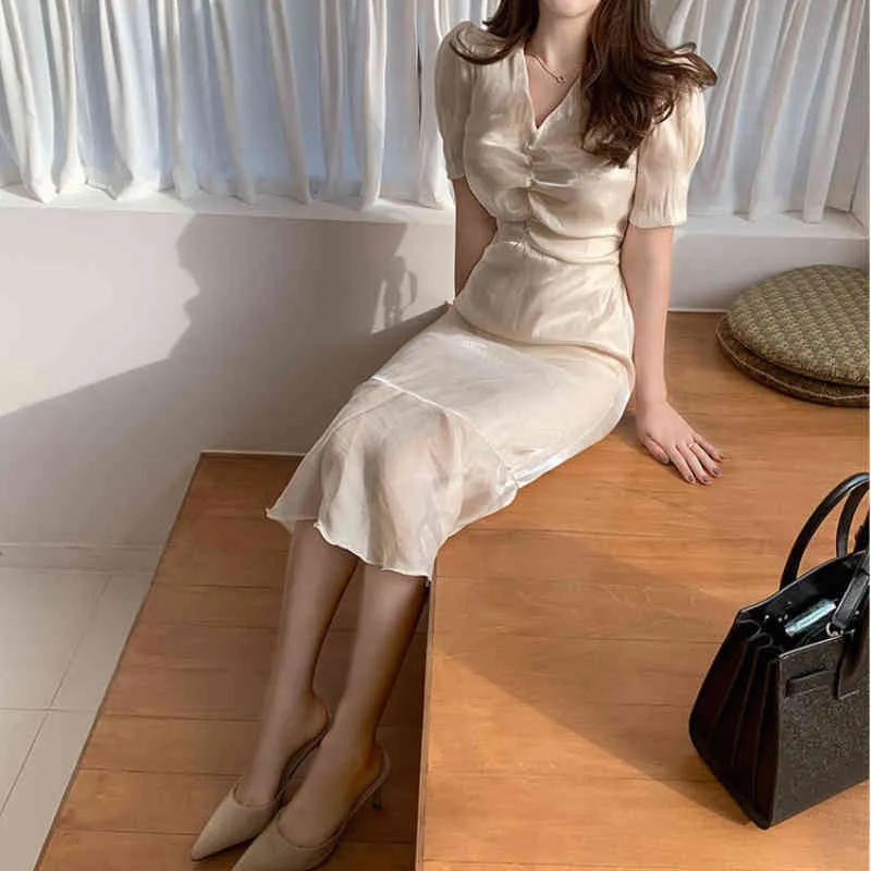 Ezgaga Korean Fashion V-Neck Ruffles Elegancka Syrenka Sukienka Kobiety Krótki Rękaw Szyfonowy Przeglądanie Patchwork Delikatna Dress Party 210430