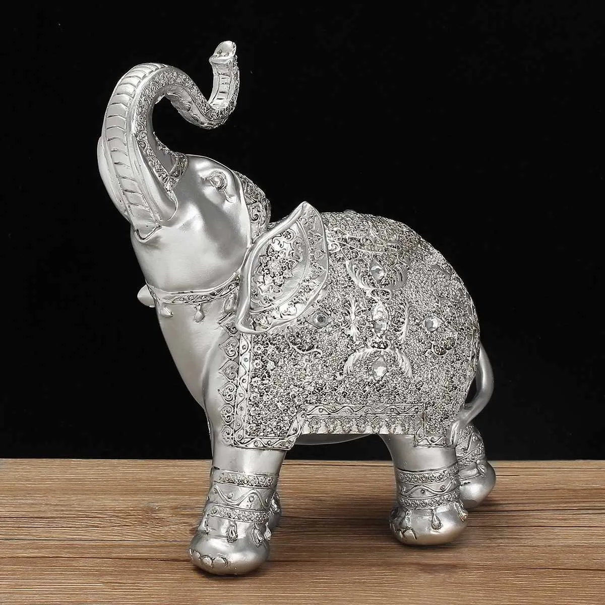 Mode / Set Silver Polyresin Ornate Elephant Statue Lucky Figurine Sculptures Ornements pour Home Office Décor Cadeau Cadeau 210414