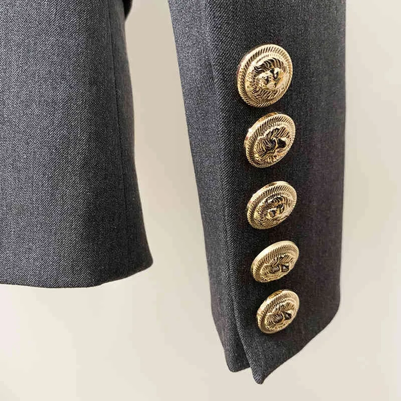 High Street Est Designer Blazer Veste Femme Slim Fit Double Boutons Lion Métal Boutons Col Châle 210521