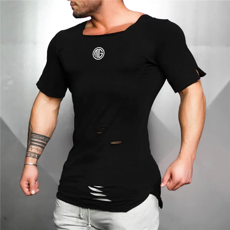 Cotton Men's T shirt Vintage Ripped Hole T-shirt Fashion Casual Top Tee Hip Hop Activewears Fitness Tshirt Male 220304