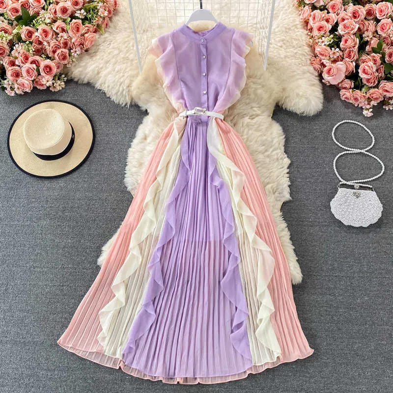 Summer Slim Big Swing Ruffled Stand Chiffon Pleated Dress Women Single-breasted Fashion Elegant Korean Chic Maxi Vestido 210610