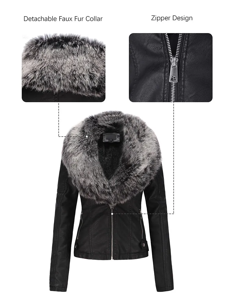 冬のための毛皮の毛皮の襟とレディースのフェイクレザージャケットモトコート
