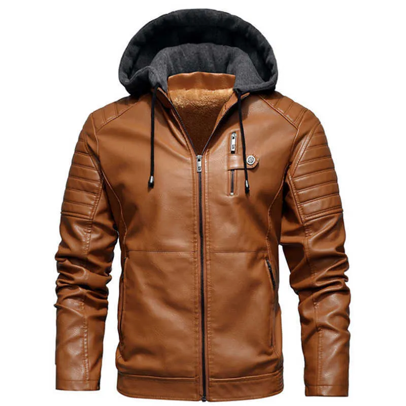 Мужские флисовые лайнер PU кожаные утолщения куртки пальто с капюшоном осенью зима повседневная мотоцикл куртка ветровка Biker 210923