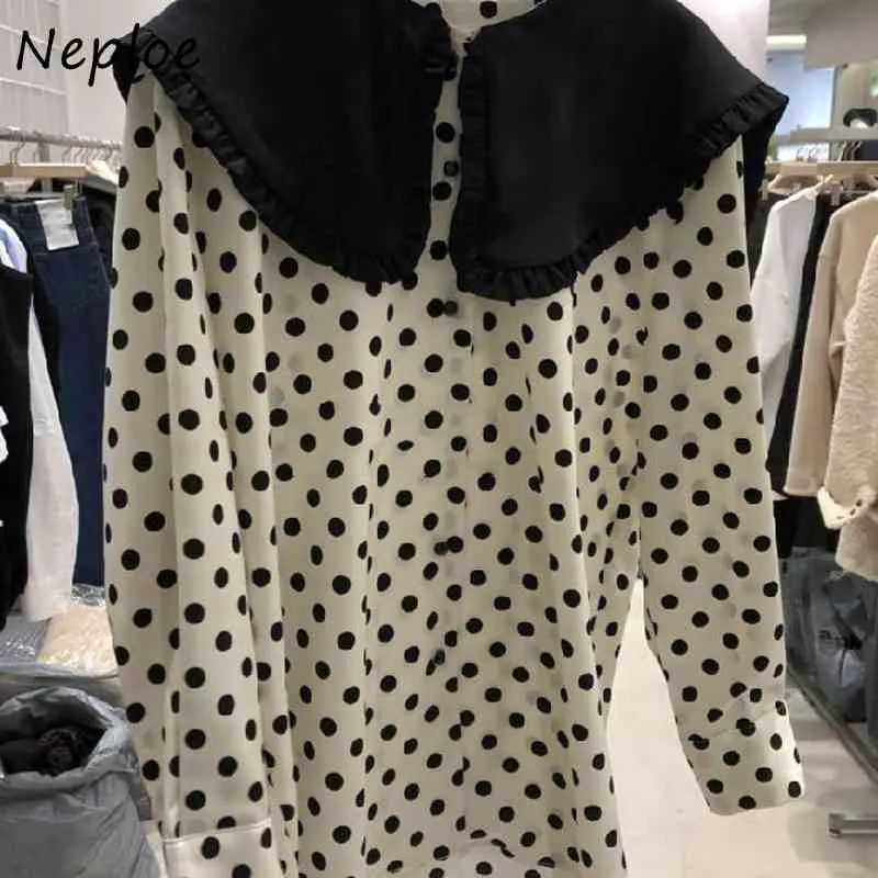 Collier de poupée à manches longues Pull Blouse Femmes Vintage Dot Hit Couleur Lâche Blusas Printemps Chemise Feminino 210422