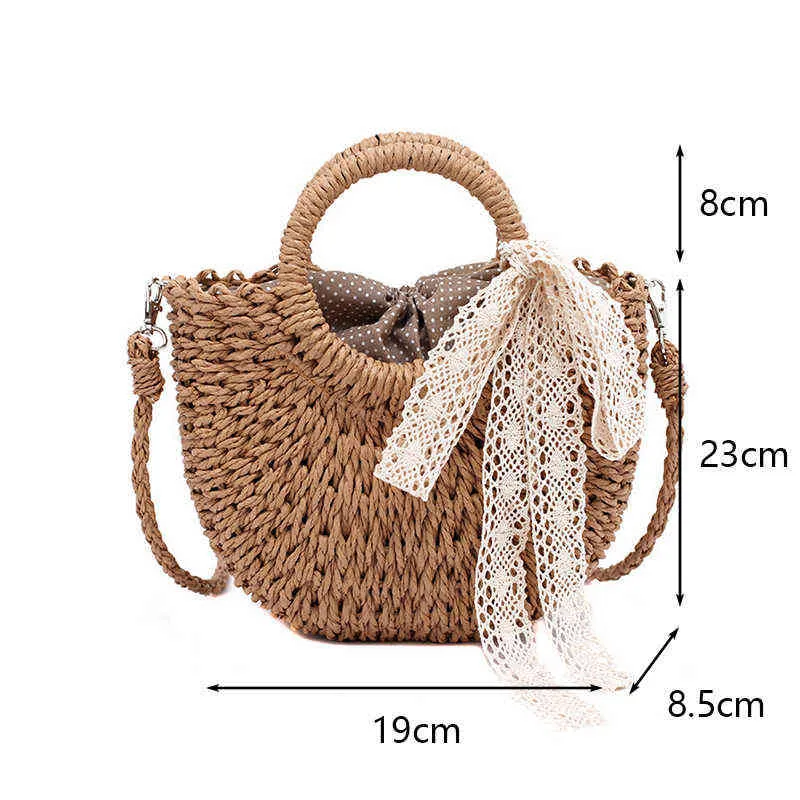 Torby na zakupy słomy kobiety ręcznie tkane torebka księżyc kształt koronki łuk rattan duża pojemność sznurek casual beach ramię crossbody220307