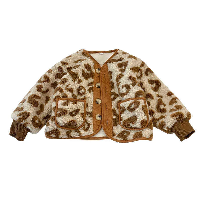 Abrigo para niñas con estampado de leopardo de lana de cordero más chaqueta gruesa de terciopelo cárdigan cálido de invierno ropa para niños 211204