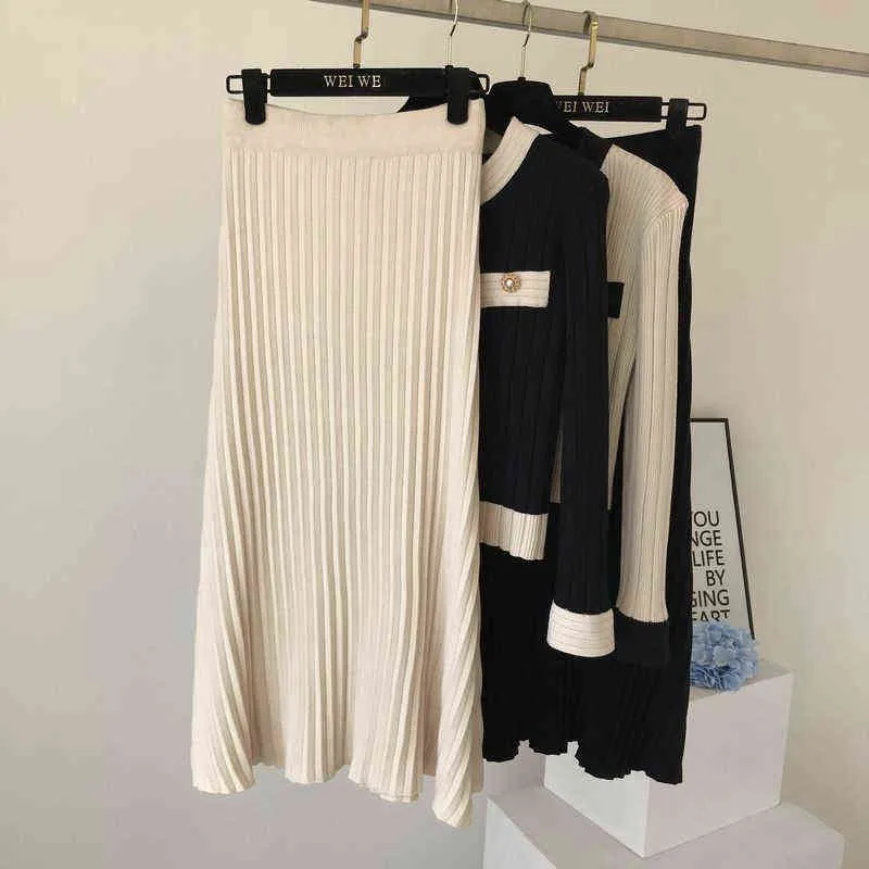 High Quality Spring Fall Knit Set Women Office Lady Single Breasted Sweater Cardigan + Pleated Long Skirt Suit Sets 211109