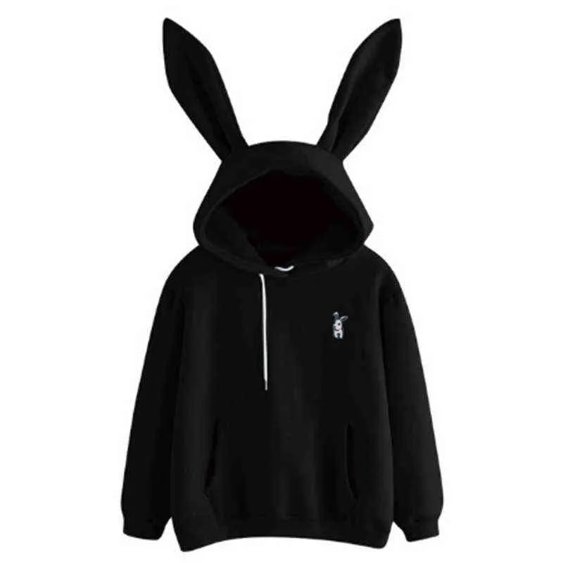 Qrwr höst vinter kvinnor hoodies kawaii kanin öron mode hoody casual solid färg varm tröja hoodies för kvinnor 211109