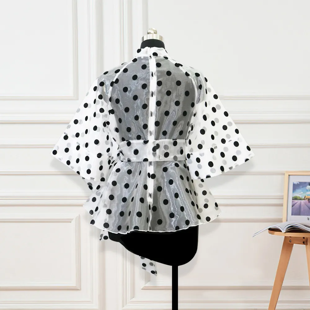 Beach Evening Party White Blouses Polka Dot See Through Sexy Thin Transparent Half Flare Sleeves Tops Shirt Women's Fashion 210422