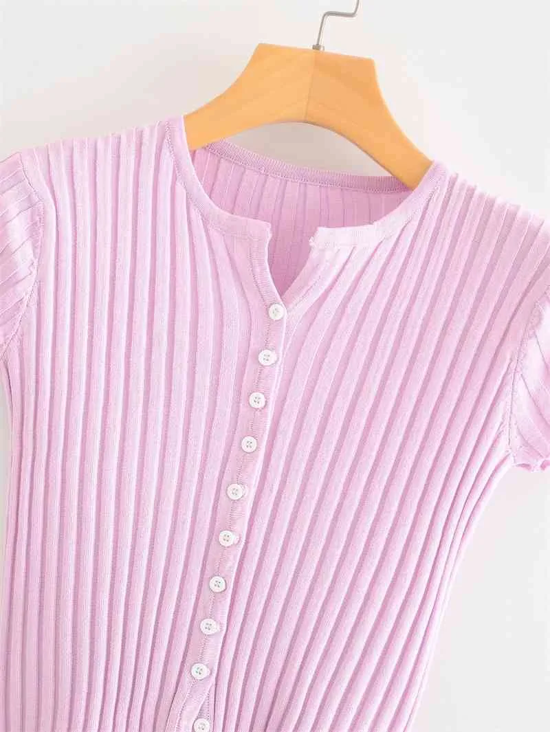 Frauen Rosa Strickblusen Kurzarm Sexy Button Up Blusa und Tops Solide Shirts Streetwear Slim 210430