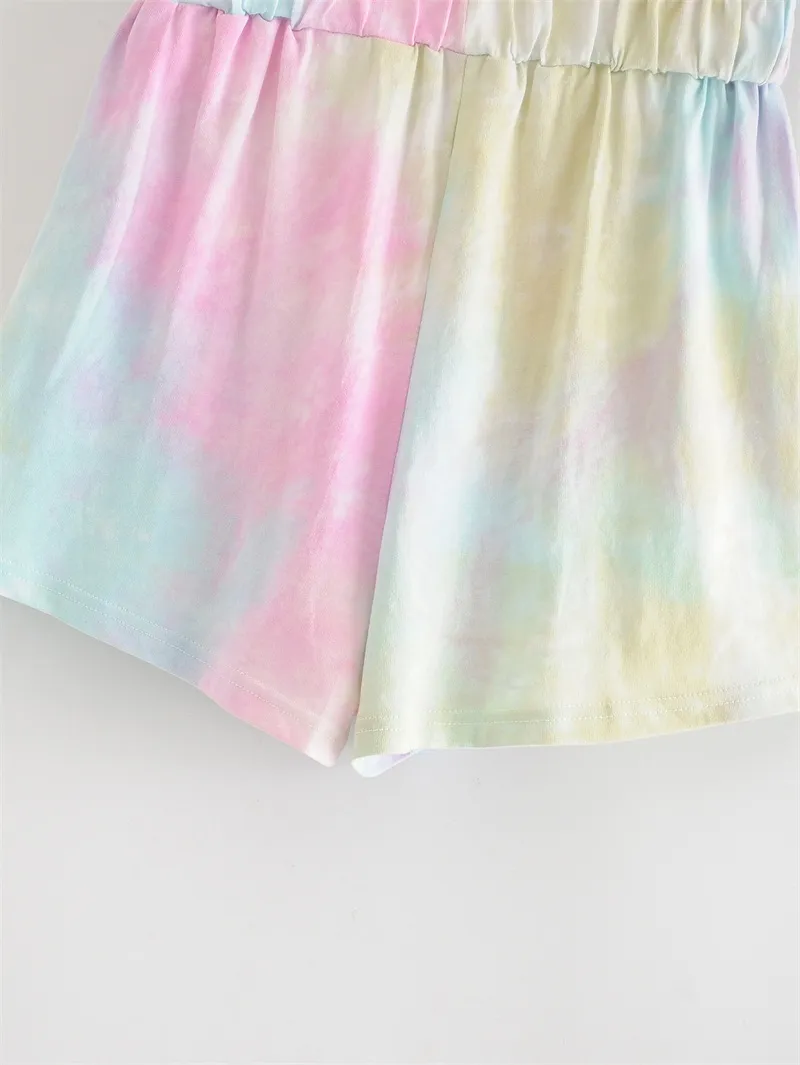 HSA Tie Dye T-shirts O-Neck Rosa Gul Casual Toppar 2 stycken Top och Korta Byxor Sommar Mode Kläder Kvinnor 210417