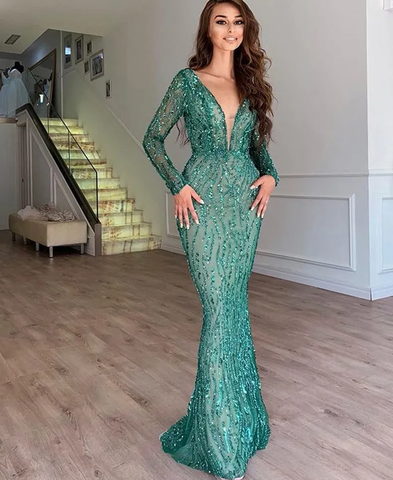 2021 Rose Gold Prom Dress Mermaid Formal Party Ball Gown Long Sleeve Afraic Girl Green Evening Dresses Deep Pageant Drseses Custom4553406