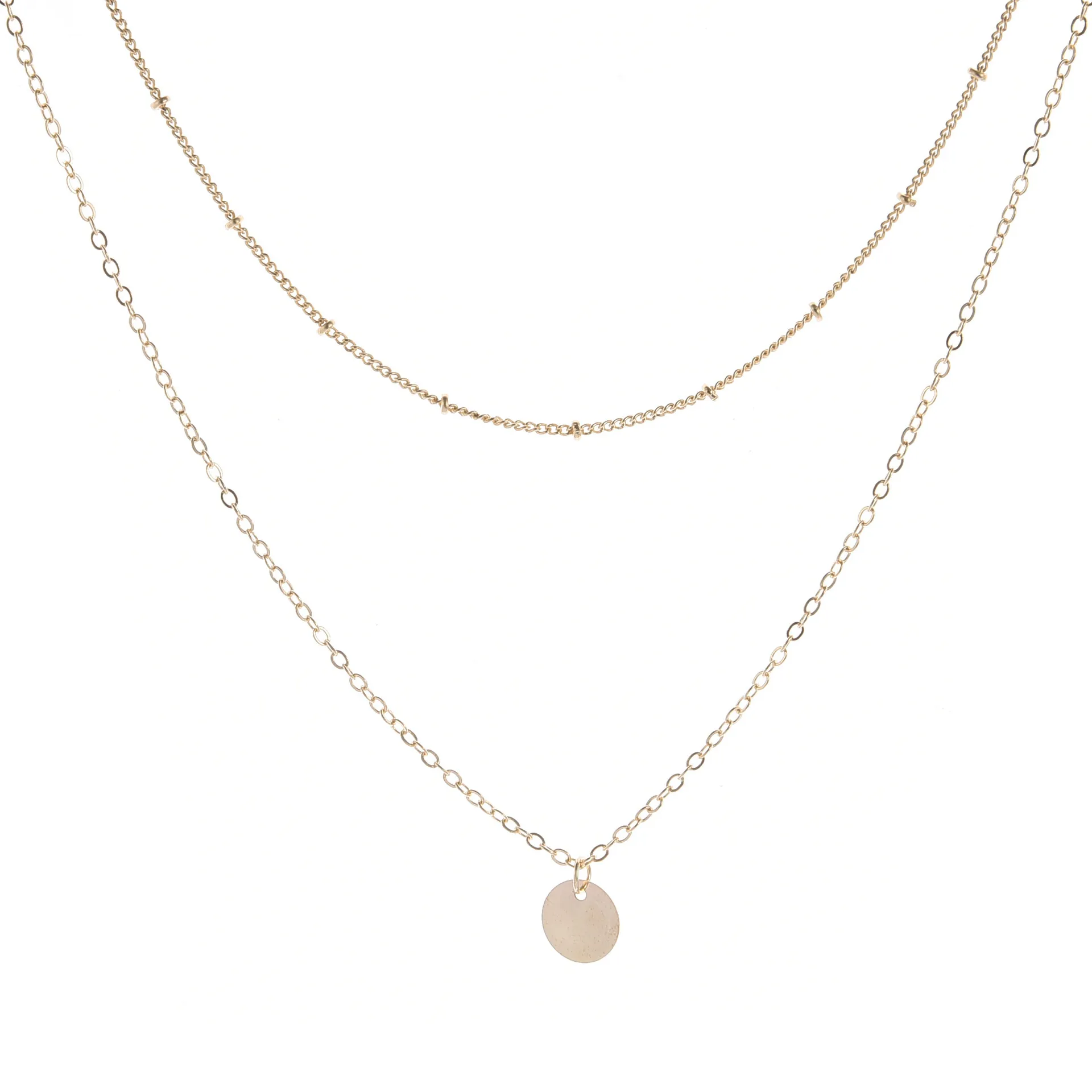 Simple Double-layer Bead Chain Wafer Necklace Metal Small Wafer Gold And Silver Wind Short Neckchain Jewelry