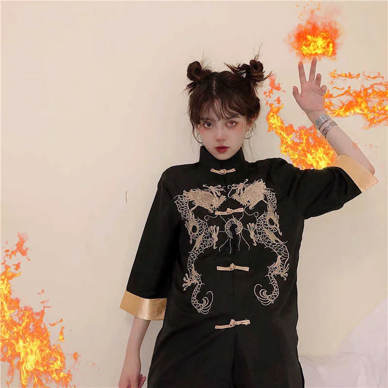 Black Gothic Tang Suit Shirt Dress for Girls Women Chinese Traditional Blouse Single Breasted Dragon Embroidery Jacket Coat 210702