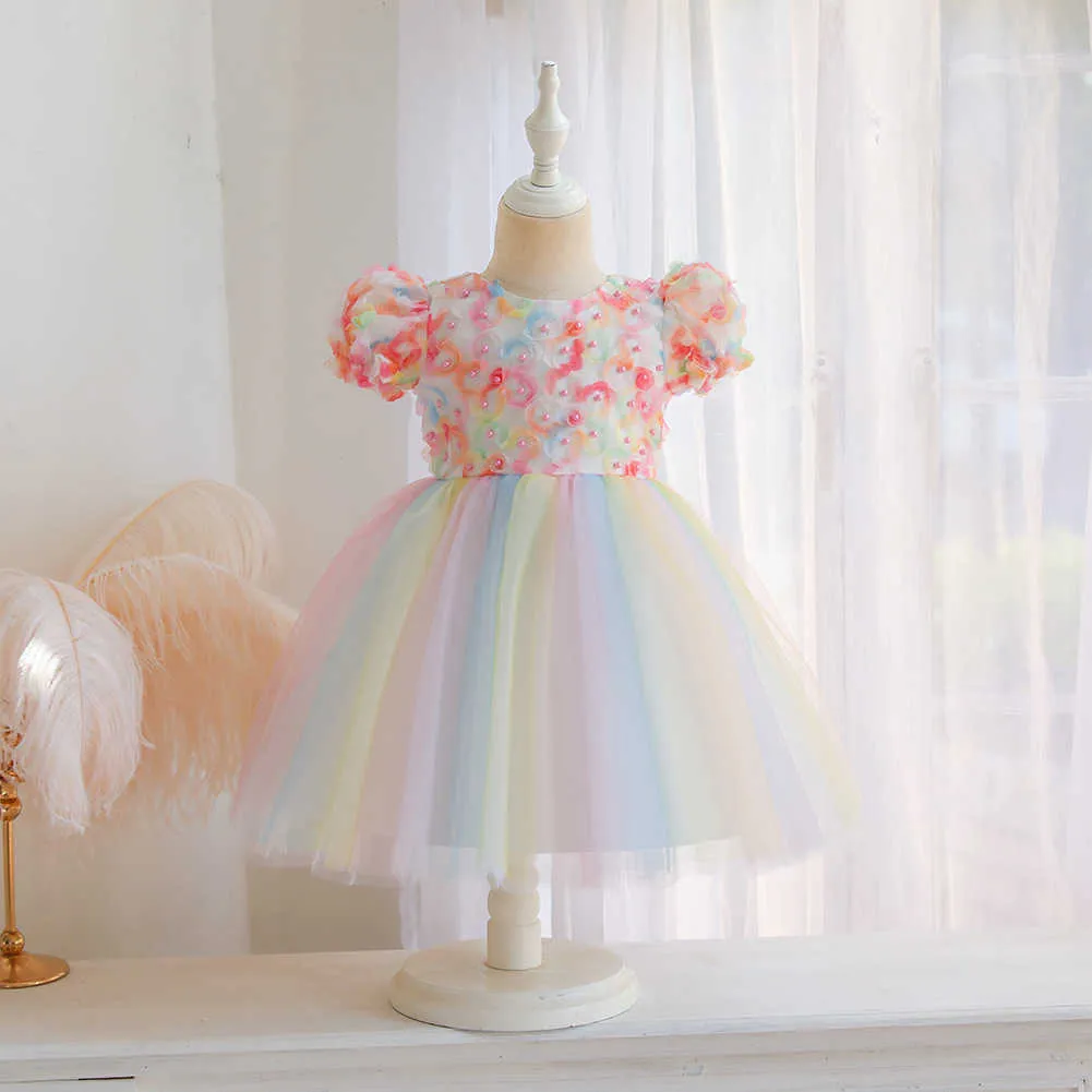 Kolorowe Dziewczyny Kwiat Sukienka Dla Kids Petals Rainbow Color Tulle Lolita Princess Toddler Party Costume 210529