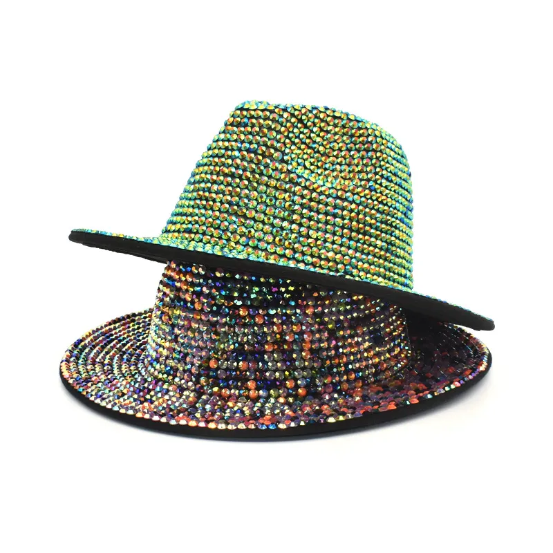 Rhinestone Fedora Hats For Women Men Flat wide Brim Wool Felt Jazz Hats Handmade Bling Studded Party Hat314V