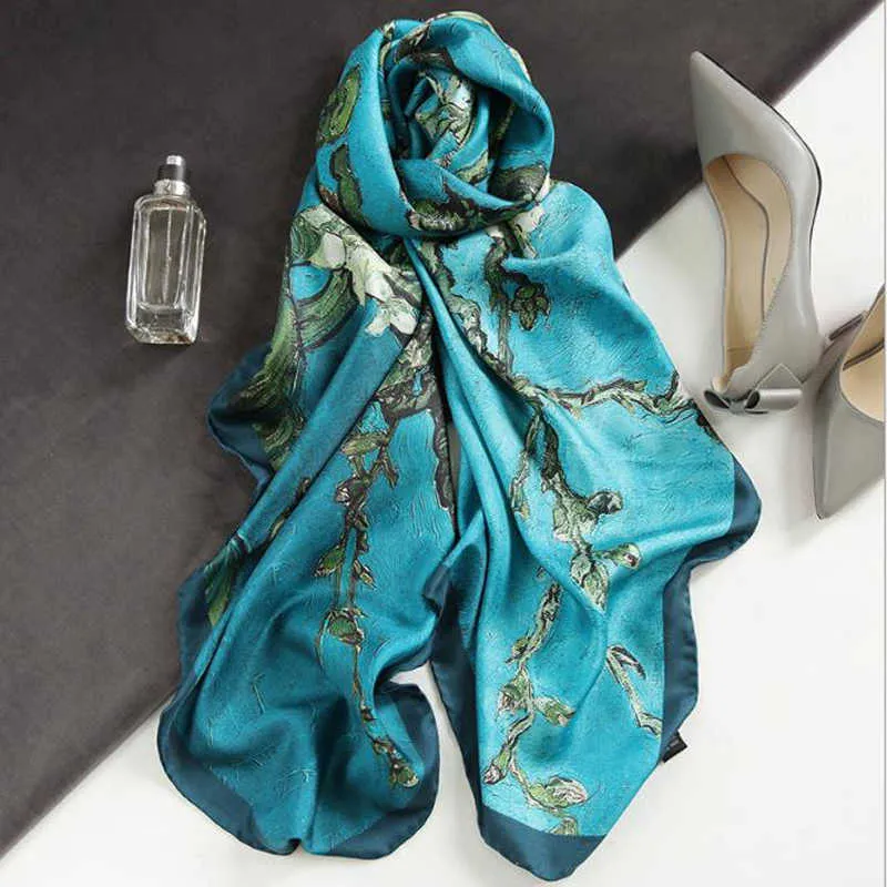 2020 Nowe Kobiety 100% Pure Silk Scarf Designant Van Gogh Malarstwo olejne Drzewo Jedwabne Szale Pashmina Panie Okładki Scarves Fuldard Hot Q0828