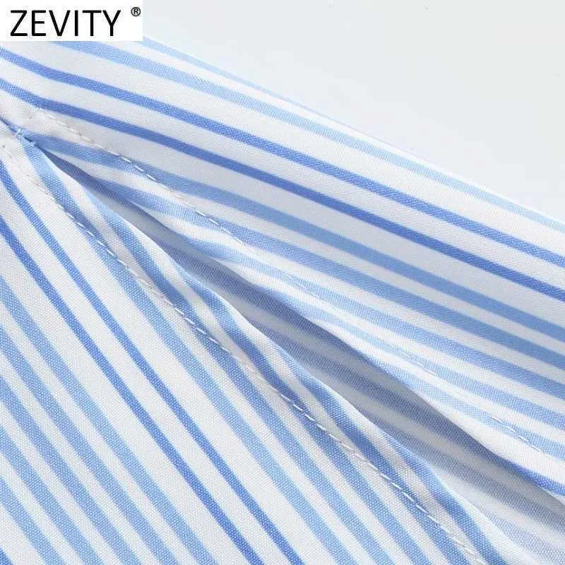 Zevity 여성 패션 긴 소매 스트라이프 인쇄 사이드 스플릿 캐주얼 셔츠 드레스 사무실 숙녀 세련 된 가슴 비즈니스 Vestido DS8228 210603