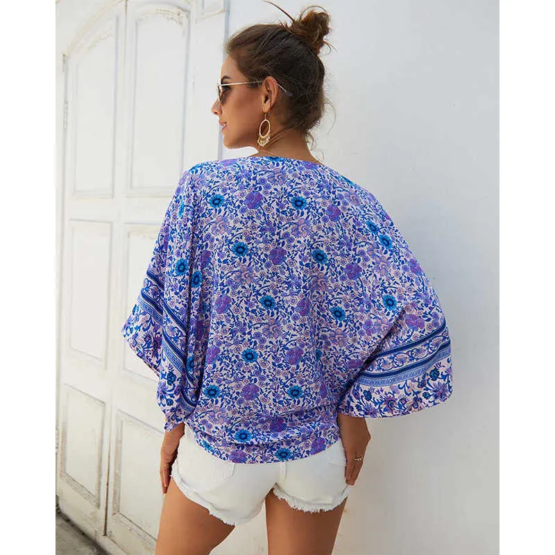 Boheemse losse bloemen vrouwen blouse sexy v-hals batwing mouw knop boho dame blouses w280 210526