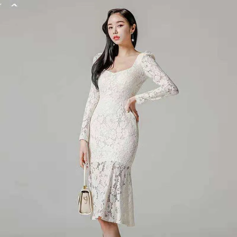 abito da festa formale da ufficio bianco a maniche lunghe sexy da donna coreana in pizzo abbigliamento da donna in porcellana 210602