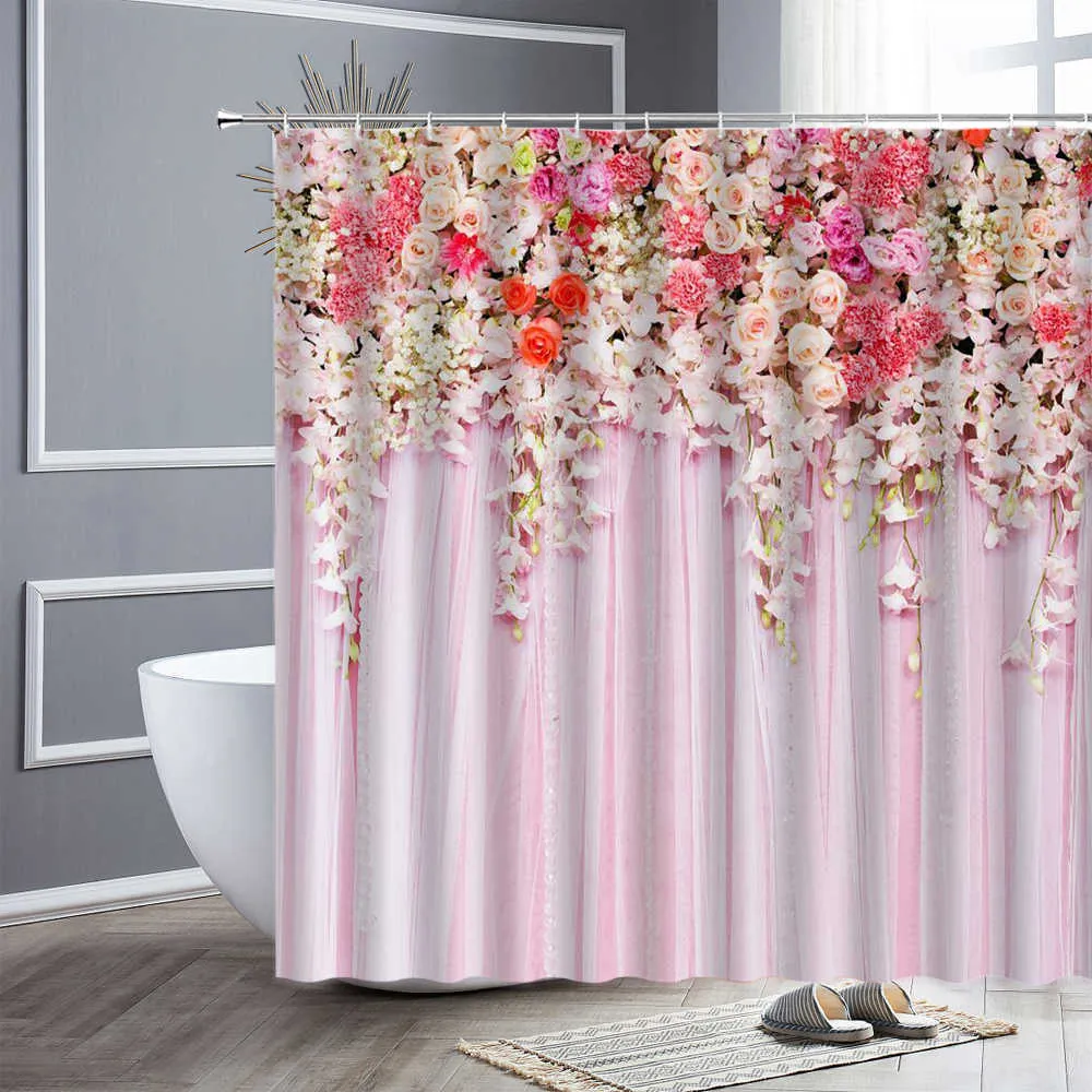 Ensemble de rideau de douche imperméable Rose Rose Lavande Fleurs Style Simple Maison Tissu Salle De Bains Décor Rideaux De Bain Crochets Écran Mural 210609