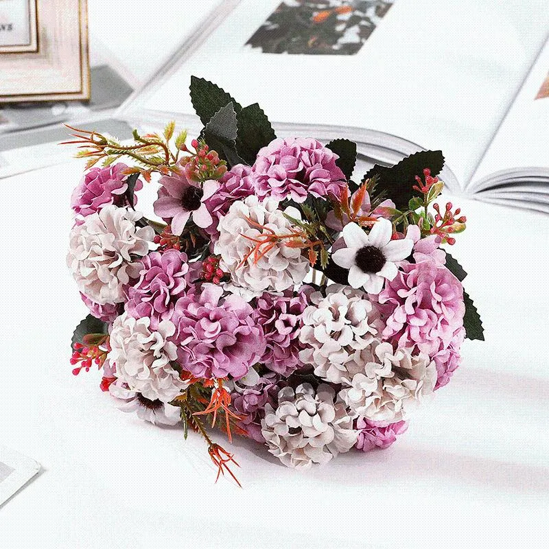 Ghirlande di fiori decorativi 15 capolini artificiali ortensie rosa bianca peonia matrimonio piccolo bouquet289p