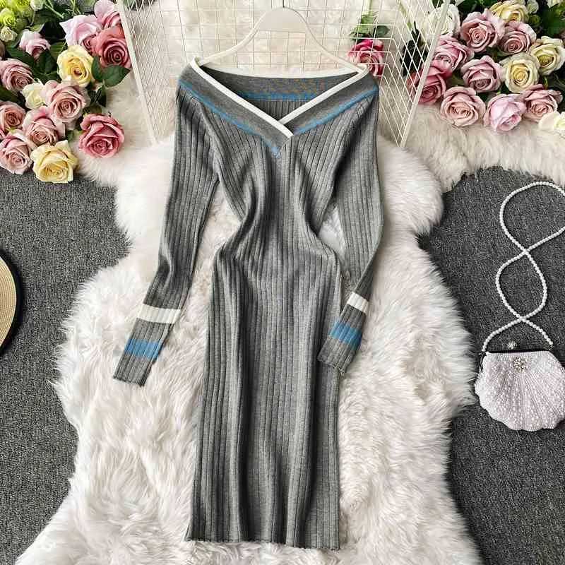 縞模様のVestidosニットVネック韓国のエレガントな秋冬ロングドレスセクシーなファッションセータードレス女性18725 210415