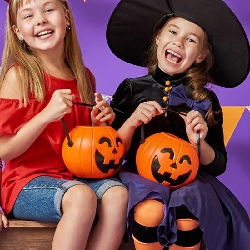 pumpa hink med handtag plast mellanmål godis burk låda trick eller behandla fest halloween dekoration barn kostym cosplay rekvisita y0827