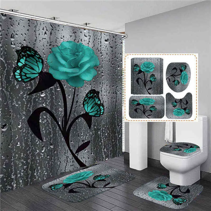4 pezzi Rose Print 3D Tenda da doccia Tenda da bagno in poliestere impermeabile Tappetini da bagno antiscivolo Set Tappeti WC Tappeto Decorazioni la casa 211223