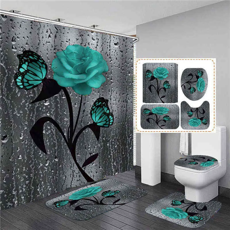 4 st Rose Print 3D Duschdraperi Vattentät Polyester Badrumsgardin Anti-halk Badmattor Set Toalettmattor Matta Heminredning 211223