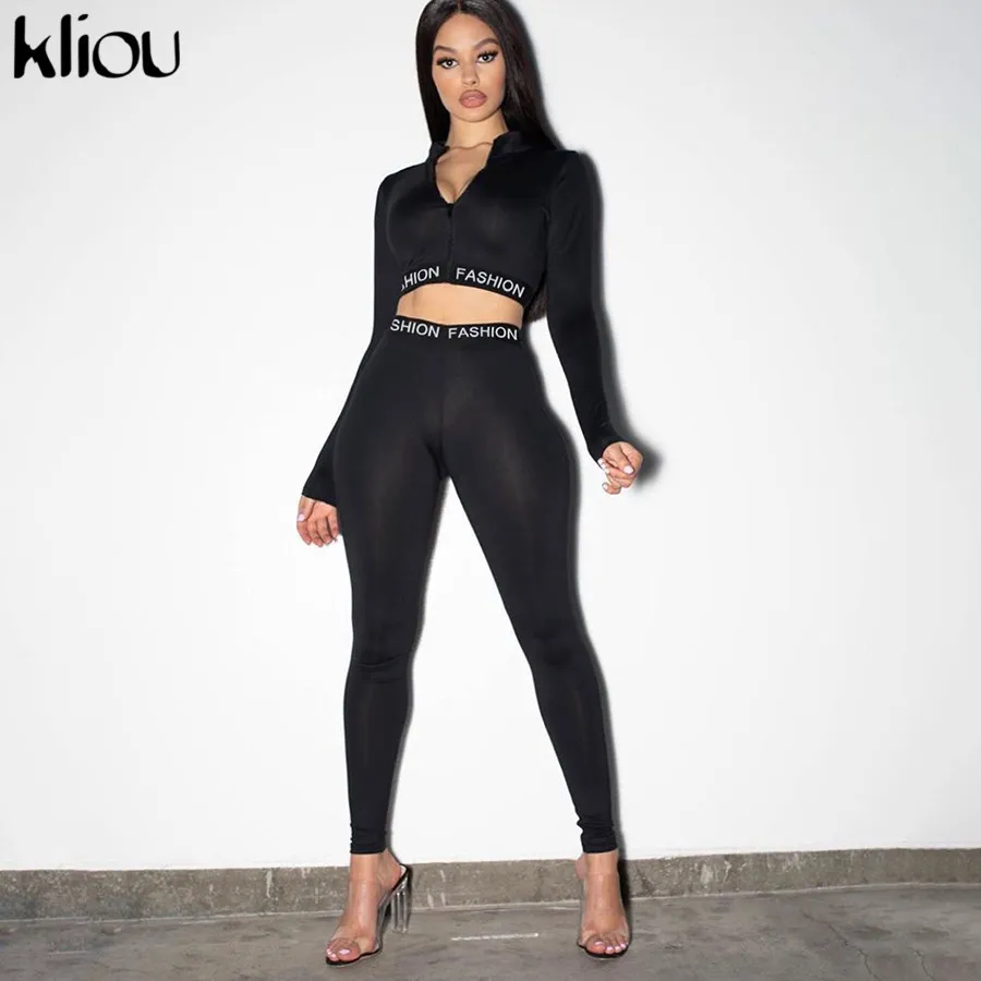 Kliou Letter Imprimer Sporty Workout Active Wear Matching Casual Matching Femmes Skinny BodyCon Tracksuit Closez Top and Pants Set 210331