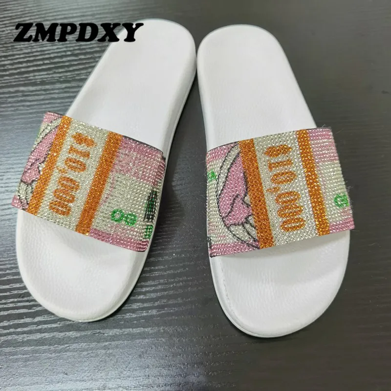 Fashion Women Slippers Summer Beach Flip Flops USD Money Diamond Crystal Sandals Ladies Luxury Outdoor Sparking Slides Flat Shoe Y0427