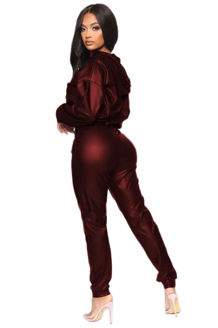 Kış Kadın Setleri Kapüşonlu Tam Kollu Kırpma Üst Pantolon Suit Iki Parçalı Set Rahat PU Deri Spor Eşofman GL2052 210930