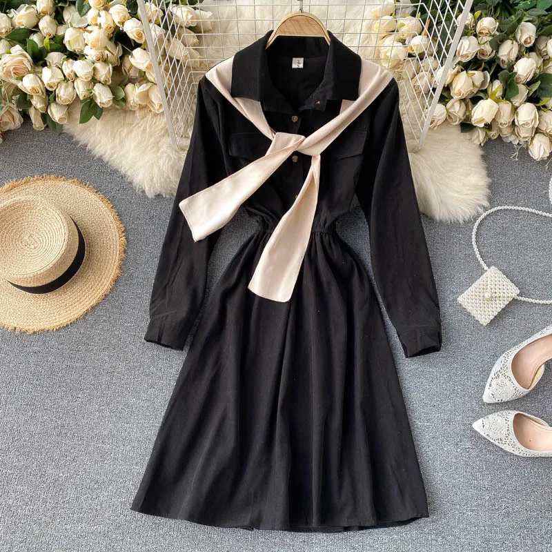 Kontrast Renk Şal Sahte Iki Parçalı Elbise Sonbahar Kore kadın Mizaç Baz Etek HK044 210506