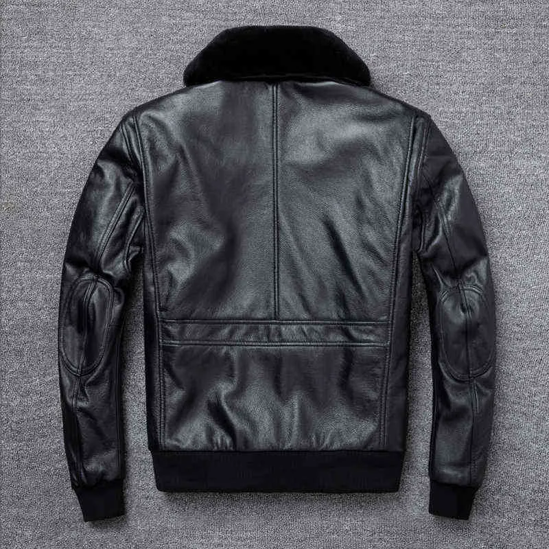 Air Force Vol Veste Col De Fourrure Véritable Couche Supérieure En Cuir De Vache Veste Hommes Noir Et Brun Vache Manteau D'hiver Bomber Veste 211111