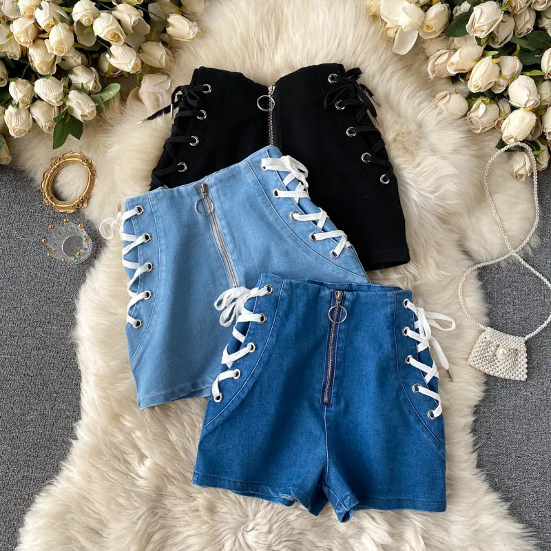 Design strap high waist slimming retro casual short jeans women fashion wild wide-leg shorts female cotton 210420